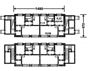 Четырехквартирный дом с двухкомнатными квартирами в первом, и втором этажах. Планировки этажей