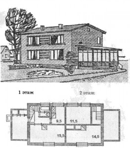 Типовой проект двухэтажного жилого дома с трехкомнатными квартирами в двух уровнях. Общий вид и план