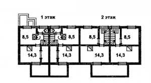 Двухэтажный жилой дом с трехкомнатными, квартирами в двух уровнях. План