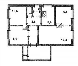 Одноэтажный одноквартирный четырехкомнатный жилой дом. Схема