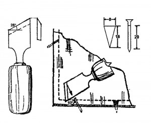 Резка и вставка стекол: слева - стамеска для замазывания и забивки гипилек; справа - забивка шпилек и косячков в переплет