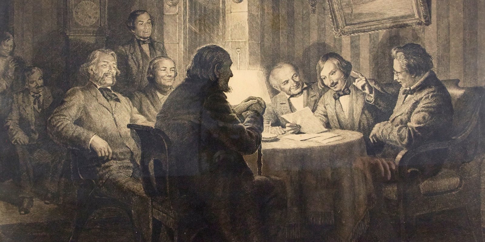 Офорт с картины В. Маковского «Гоголь читает “Ревизора” 5 ноября 1851 года»