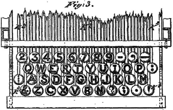 QWERTY-раскладка клавиш пишущей машинки, изображенная в патенте США № 207 559, выданном 27 августа 1878 года Кристоферу Шоулзу