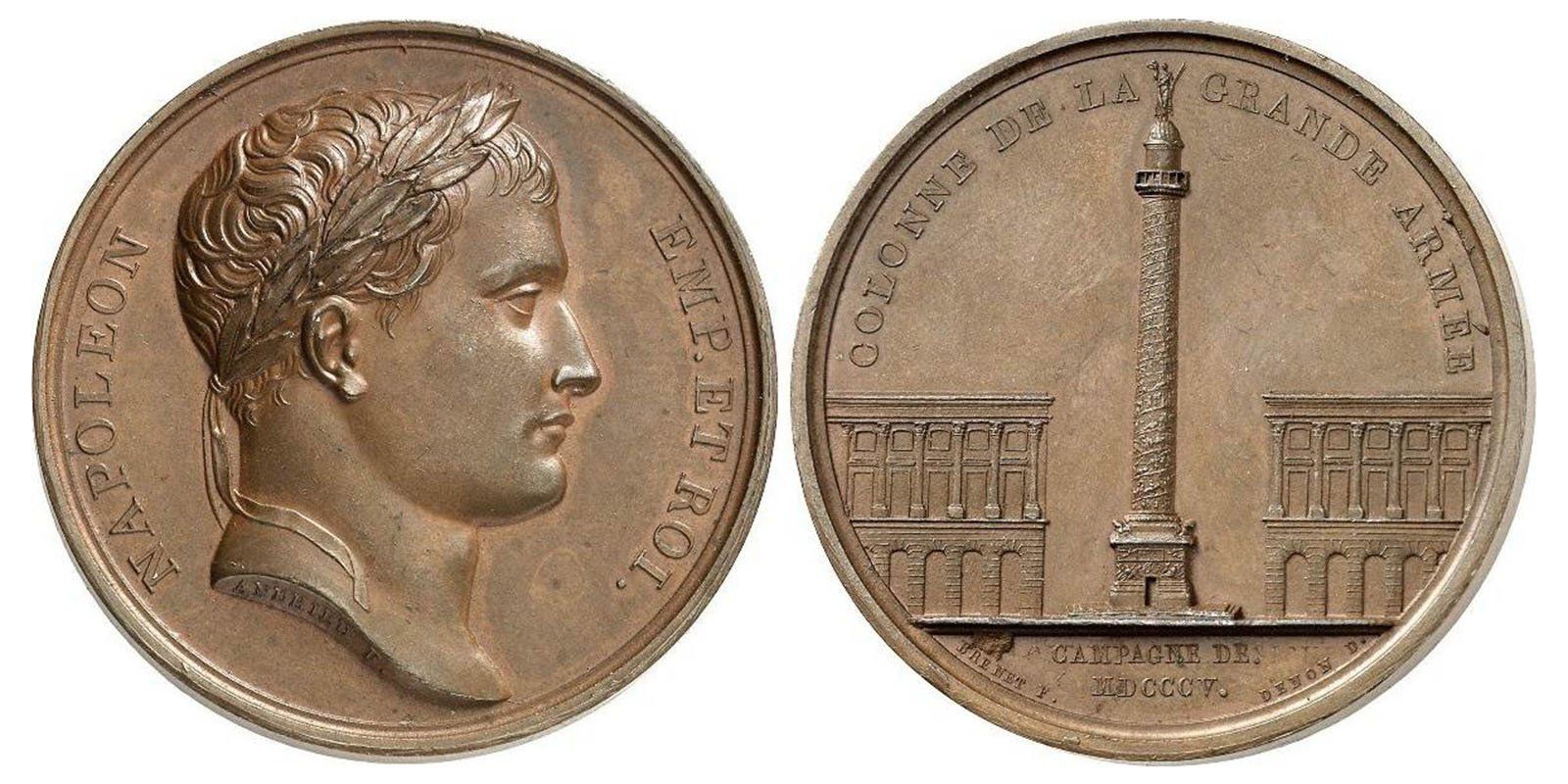 Памятная медаль, посвященная кампании 1805 года, с Вандомской колонной и головой Наполеона в лавровом венке